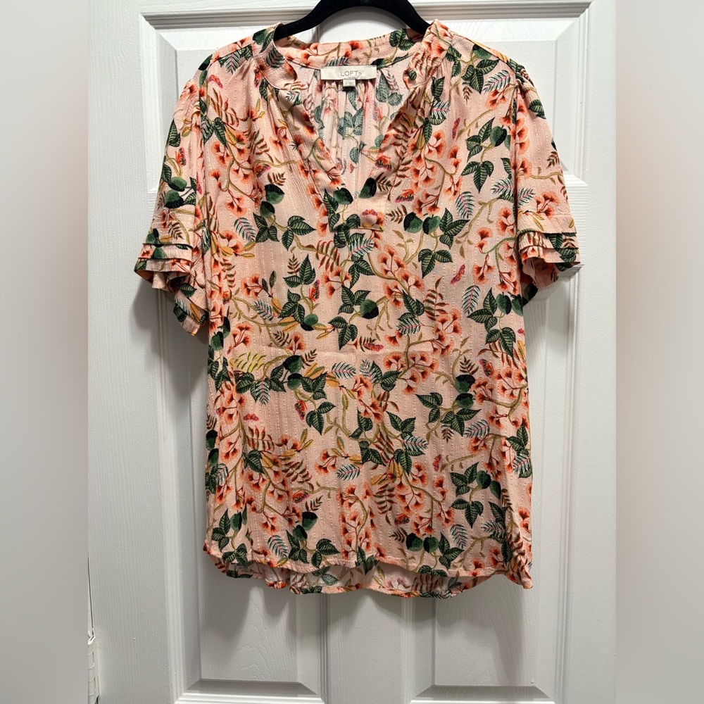 LOFT Pink and Green Short Sleeve Buttoned Blouse